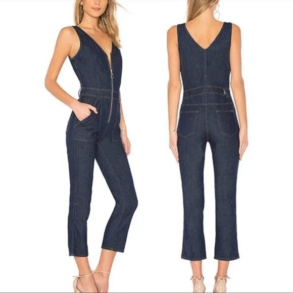 7FAM Denim Zip-Up Cropped Jumpsuit M Dark Wash Stretch Sleeveless - Picture 2 of 12